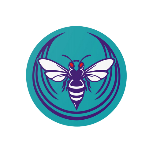 Charlotte Rebel Alliance Sticker features a stylized hornet with deep purple body and white wings, captured in motion within 
