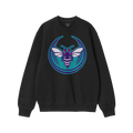 Charlotte Rebel Alliance Sweatshirt featuring a bold hornet graphic in purple, teal, and white with red eyes, symbolizing ant