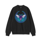 Charlotte Rebel Alliance Sweatshirt featuring a bold hornet graphic in purple, teal, and white with red eyes, symbolizing ant