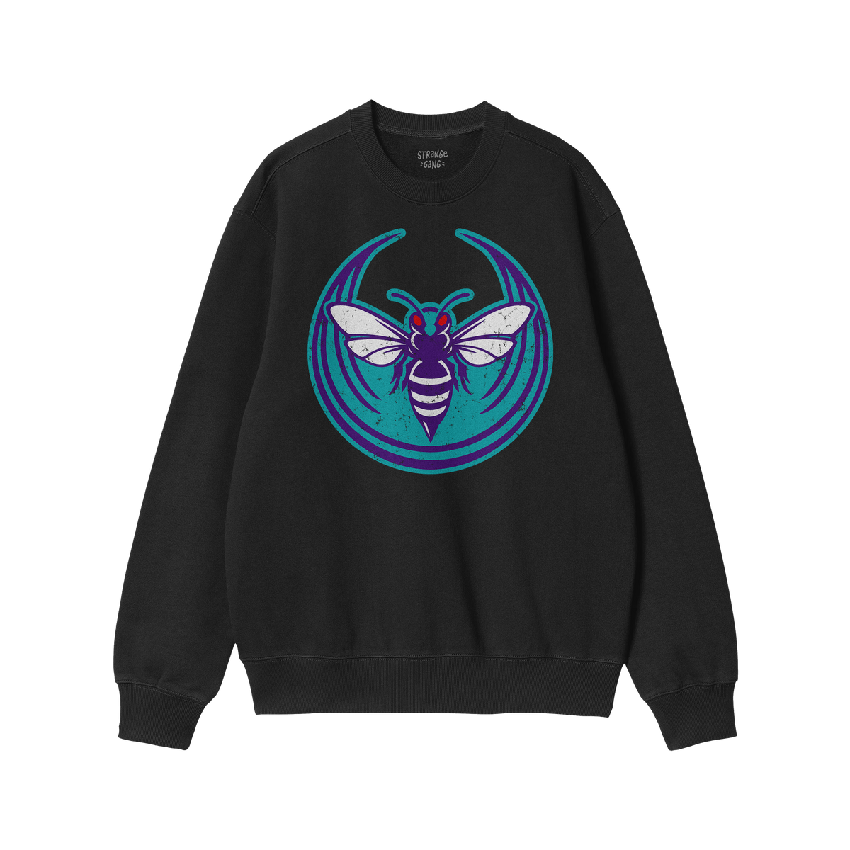 Charlotte Rebel Alliance Sweatshirt featuring a bold hornet graphic in purple, teal, and white with red eyes, symbolizing ant