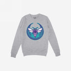 Charlotte Rebel Alliance Hoodie & Sweatshirt features a light-gray crewneck with a bold teal and purple insect emblem, symbolizing defiance. The phrase STRANGE GANG. is visible inside the collar.