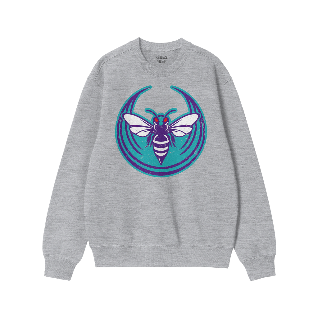 Charlotte Rebel Alliance Hoodie & Sweatshirt features a light-gray crewneck with a bold teal and purple insect emblem, symbol