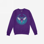 Purple crewneck sweatshirt featuring the Charlotte Rebel Alliance design, showcasing a stylized bee in white and dark purple with red eyes, symbolizing protest and activism.