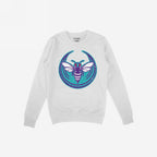 White crewneck sweatshirt featuring the Charlotte Rebel Alliance design, with a bold purple and white hornet graphic, red eyes, and teal background. A statement piece for anti-fascist and protest-ready individuals.