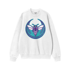 White crewneck sweatshirt featuring the Charlotte Rebel Alliance design, with a bold purple and white hornet graphic, red eye