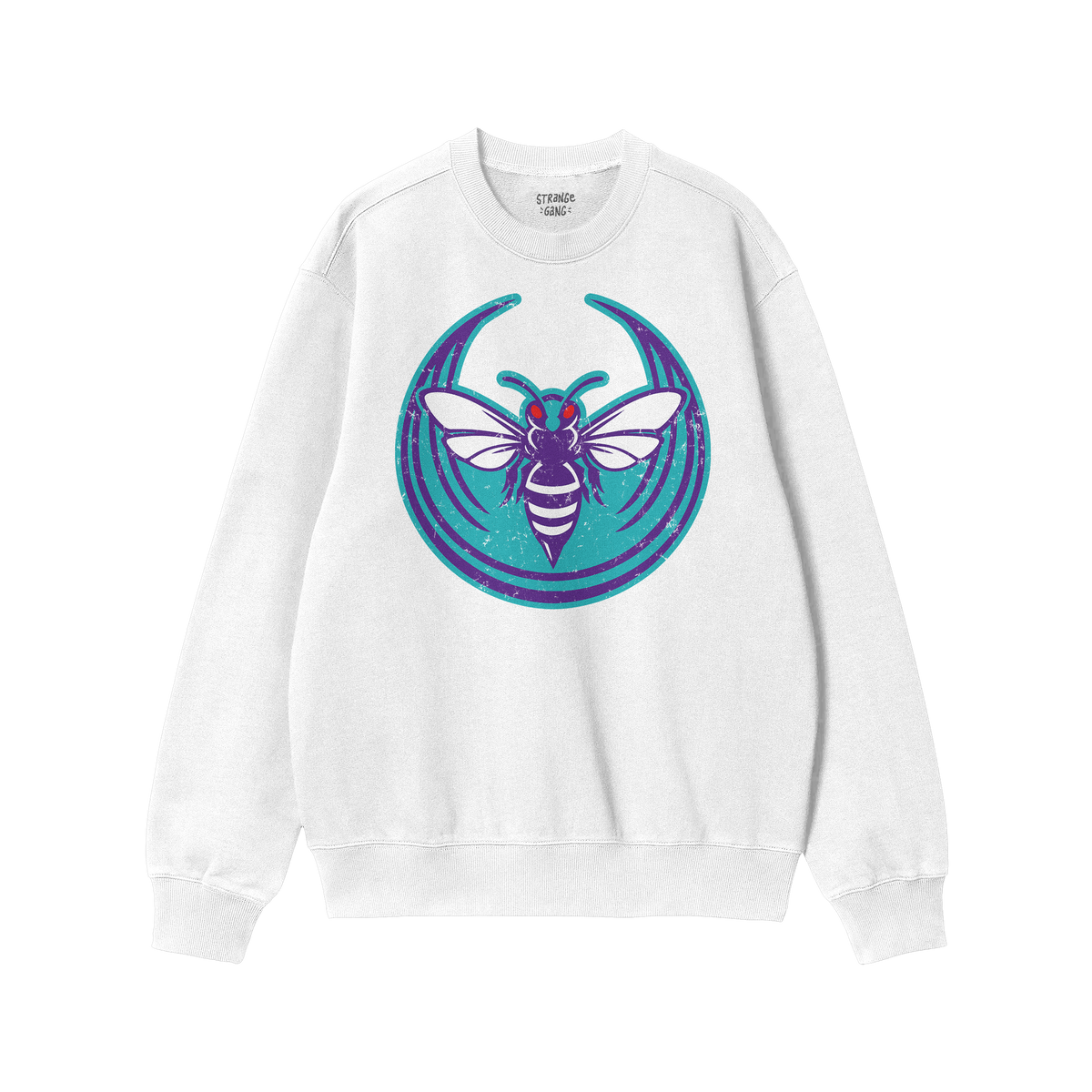 White crewneck sweatshirt featuring the Charlotte Rebel Alliance design, with a bold purple and white hornet graphic, red eye