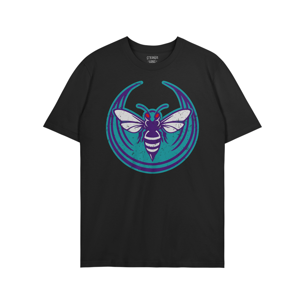 Charlotte Rebel Alliance T-shirt featuring a stylized insect logo with a purple, white-striped body and red eyes on a teal ba