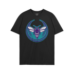 Charlotte Rebel Alliance T-shirt featuring a stylized insect logo with a purple, white-striped body and red eyes on a teal ba