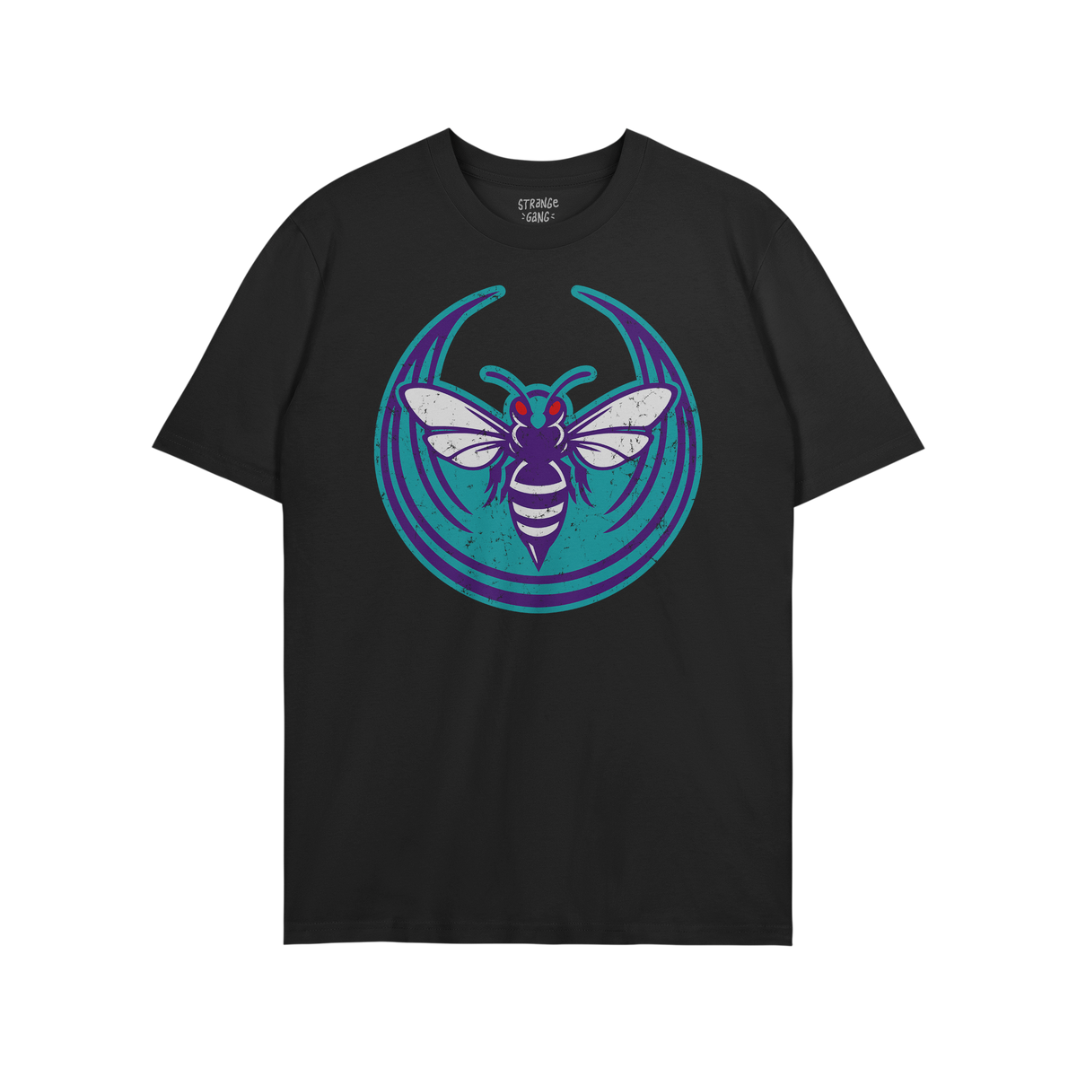 Charlotte Rebel Alliance T-shirt featuring a stylized insect logo with a purple, white-striped body and red eyes on a teal ba