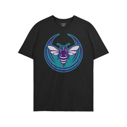 Charlotte Rebel Alliance T-shirt featuring a stylized insect logo with a purple, white-striped body and red eyes on a teal ba