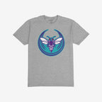 Heather-gray Charlotte Rebel Alliance T-shirt featuring a stylized hornet with purple and white stripes on a teal circle, embodying anti-fascism and equality values.