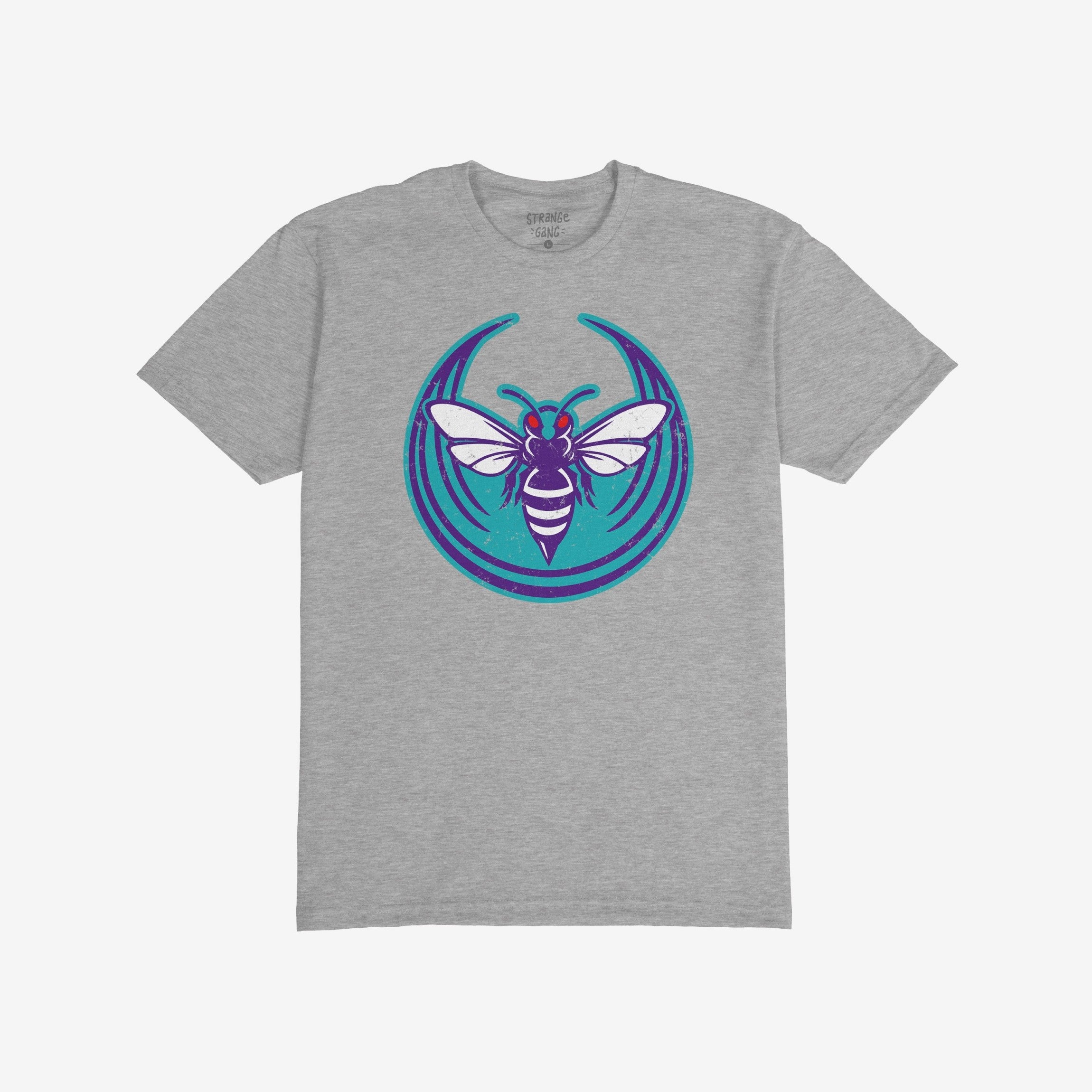 Heather-gray Charlotte Rebel Alliance T-shirt featuring a stylized hornet with purple and white stripes on a teal circle, embodying anti-fascism and equality values.
