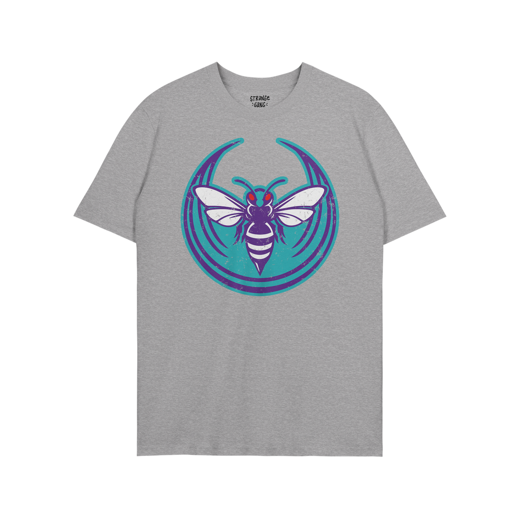 Heather-gray Charlotte Rebel Alliance T-shirt featuring a stylized hornet with purple and white stripes on a teal circle, emb