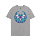 Heather-gray Charlotte Rebel Alliance T-shirt featuring a stylized hornet with purple and white stripes on a teal circle, emb