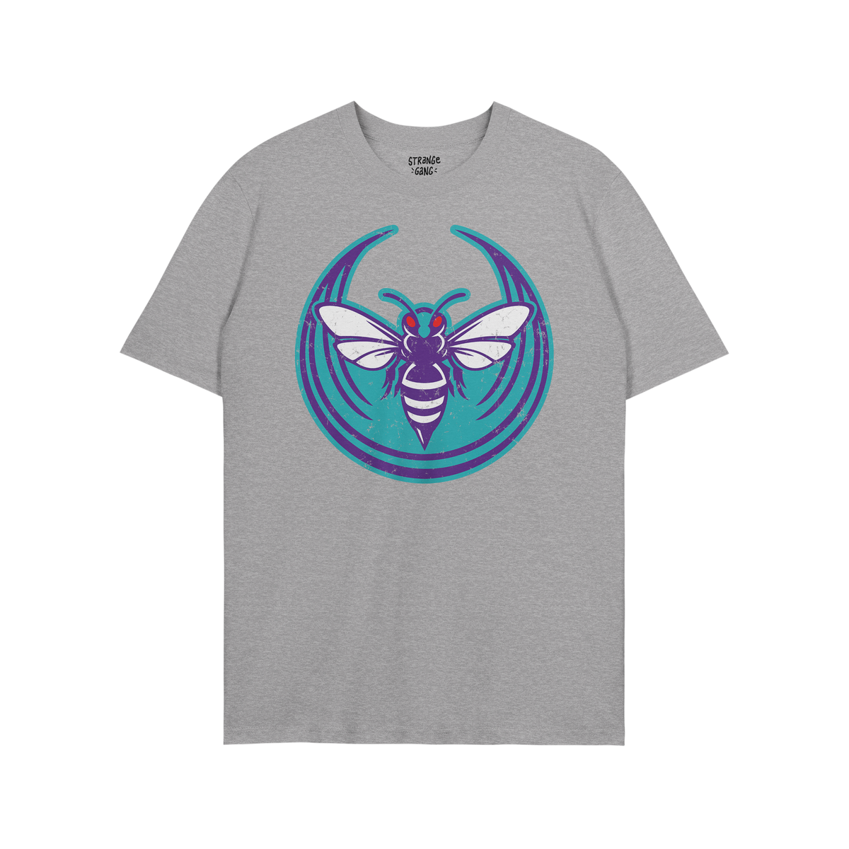 Heather-gray Charlotte Rebel Alliance T-shirt featuring a stylized hornet with purple and white stripes on a teal circle, emb