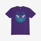 Purple Charlotte Rebel Alliance T-shirt with a bold hornet graphic, featuring distressed wings and red eyes, framed by a teal circular motif. Represents anti-fascism and equality, suitable for vocal advocates.
