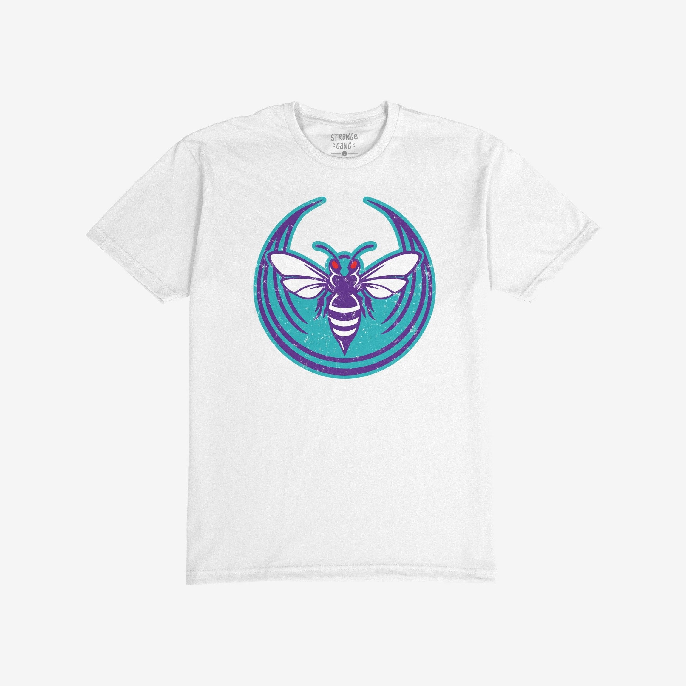 Charlotte Rebel Alliance T-shirt featuring a bold insect emblem with a purple body and white wings against a distressed teal backdrop, symbolizing anti-fascism and equality, ideal for protest-ready wardrobes.