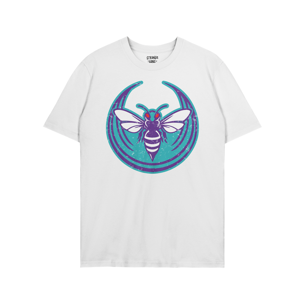 Charlotte Rebel Alliance T-shirt featuring a bold insect emblem with a purple body and white wings against a distressed teal 