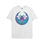Charlotte Rebel Alliance T-shirt featuring a bold insect emblem with a purple body and white wings against a distressed teal 