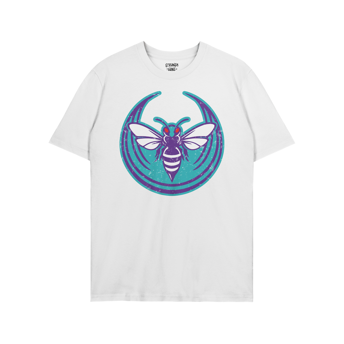 Charlotte Rebel Alliance T-shirt featuring a bold insect emblem with a purple body and white wings against a distressed teal 
