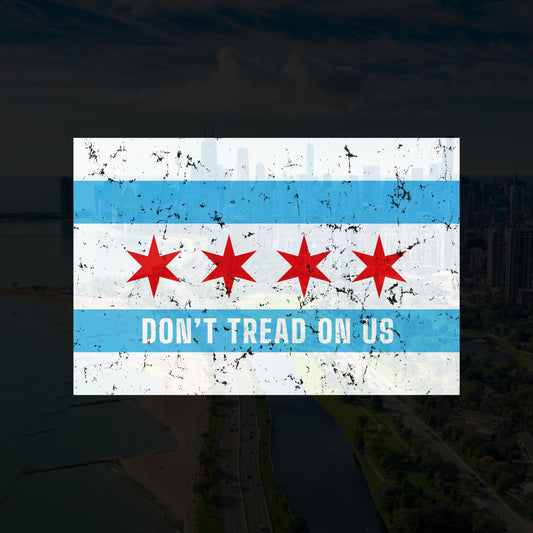 Chicago Gadsden Flag Shirt features a distressed cityscape with the iconic four-star flag and Don't Tread on Us slogan, symbolizing resistance against authoritarianism. Available in various styles for all ages.