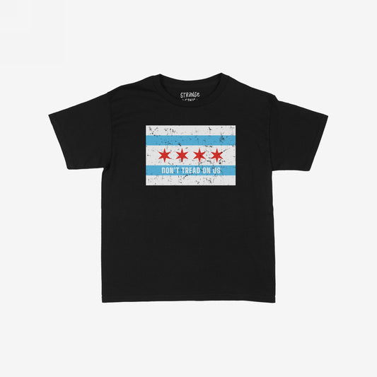 Chicago Gadsden Flag Women's Baby Tee featuring a distressed Chicago flag graphic with DON’T TREAD ON US slogan, representing bold protest and style in a cropped, retro-inspired design.