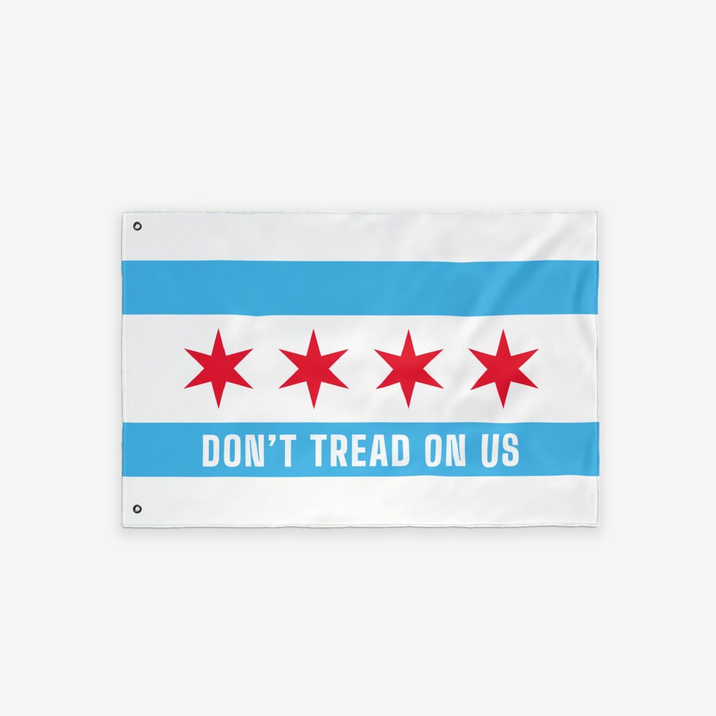 Chicago Gadsden Flag featuring two blue stripes and four red stars with DON’T TREAD ON US slogan, symbolizing protest and resistance. Made of lightweight polyester, ideal for rallies or display.