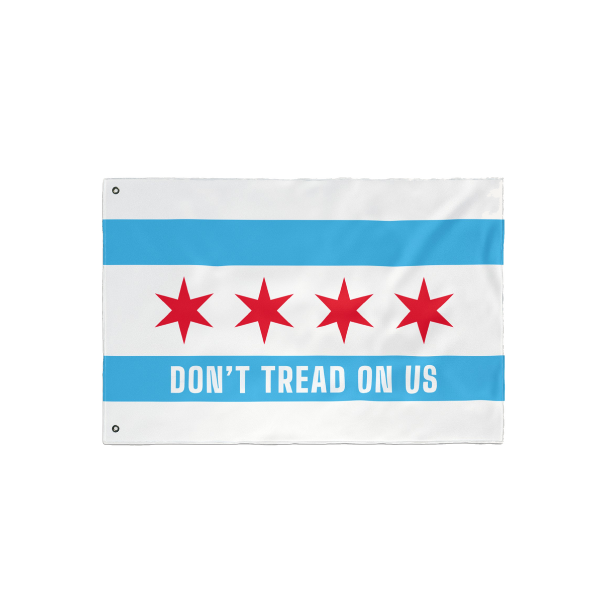 Chicago Gadsden Flag featuring two blue stripes and four red stars with DON’T TREAD ON US slogan, symbolizing protest and r