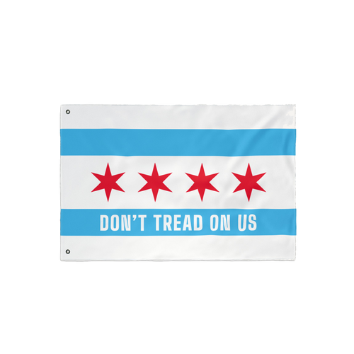 Chicago Gadsden Flag featuring two blue stripes and four red stars with DON’T TREAD ON US slogan, symbolizing protest and r