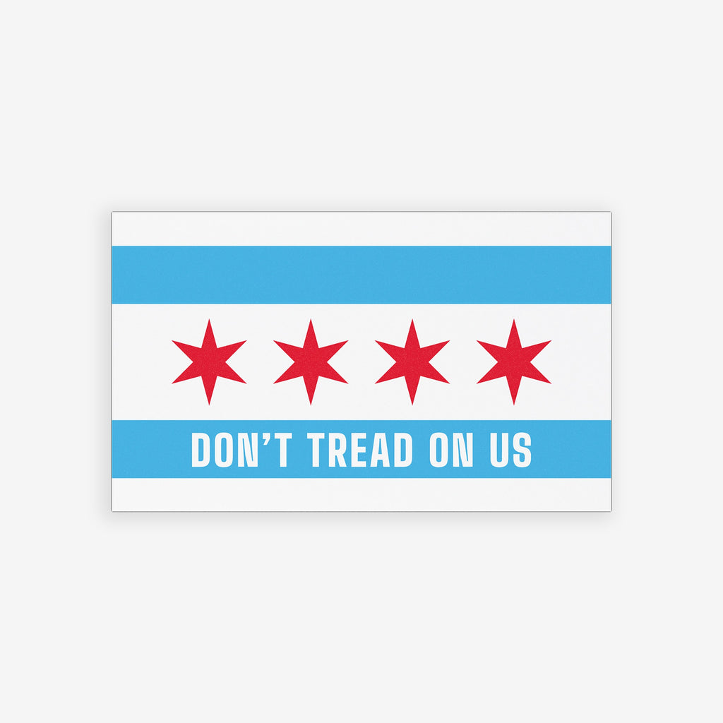 Chicago Gadsden Flag Sticker & Magnet featuring a Chicago flag-inspired design with four red stars and DON’T TREAD ON US slogan, emphasizing anti-fascism and civic pride, available as a magnet or sticker.