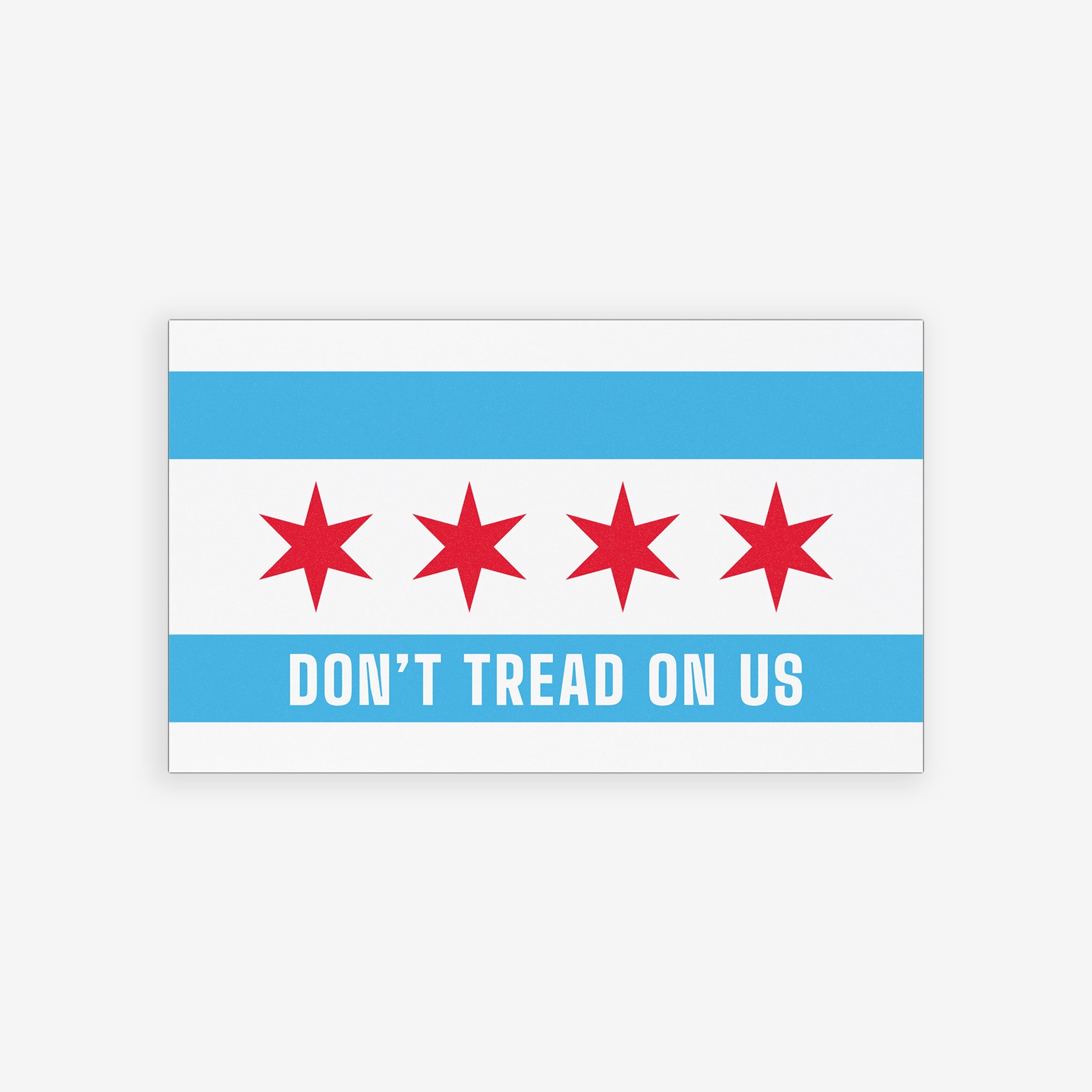 Chicago Gadsden Flag Sticker & Magnet featuring a Chicago flag-inspired design with four red stars and DON’T TREAD ON US slogan, emphasizing anti-fascism and civic pride, available as a magnet or sticker.