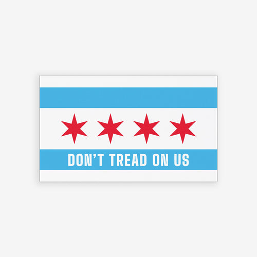Chicago Gadsden Flag Sticker & Magnet featuring a Chicago flag-inspired design with four red stars and DON’T TREAD ON US slogan, emphasizing anti-fascism and civic pride, available as a magnet or sticker.