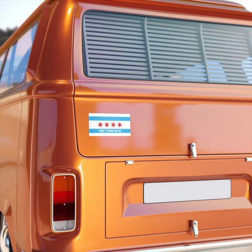Chicago Gadsden Flag Sticker & Magnet on an orange van's rear, featuring the Chicago flag design with DON'T TREAD ON US, symbolizing resistance and pride against oppression.