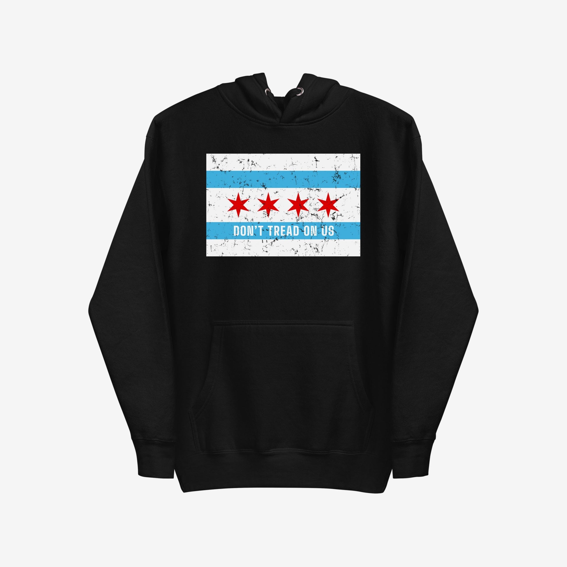 Chicago Gadsden Flag Hoodie & Sweatshirt features a distressed flag-inspired design with “DON’T TREAD ON US” slogan, symbolizing urban pride and resistance, ideal for those advocating equality and justice.
