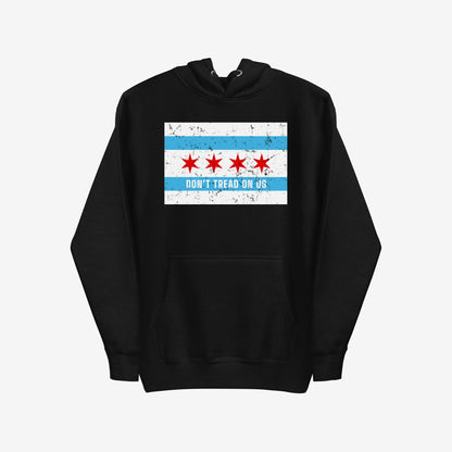 Chicago Gadsden Flag Hoodie & Sweatshirt features a distressed flag-inspired design with “DON’T TREAD ON US” slogan, symbolizing urban pride and resistance, ideal for those advocating equality and justice.