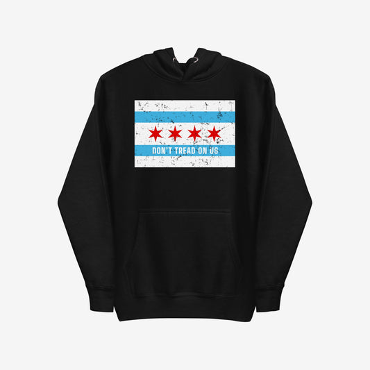 Chicago Gadsden Flag Hoodie & Sweatshirt features a distressed flag-inspired design with “DON’T TREAD ON US” slogan, symbolizing urban pride and resistance, ideal for those advocating equality and justice.