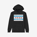 Chicago Gadsden Flag Shirt: Black hoodie with Chicago’s flag and “DON’T TREAD ON US” slogan, symbolizing resistance and community strength. Features a hood and front kangaroo pocket.