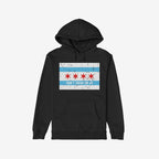 Chicago Gadsden Flag Shirt: Black hoodie with Chicago’s flag and “DON’T TREAD ON US” slogan, symbolizing resistance and community strength. Features a hood and front kangaroo pocket.