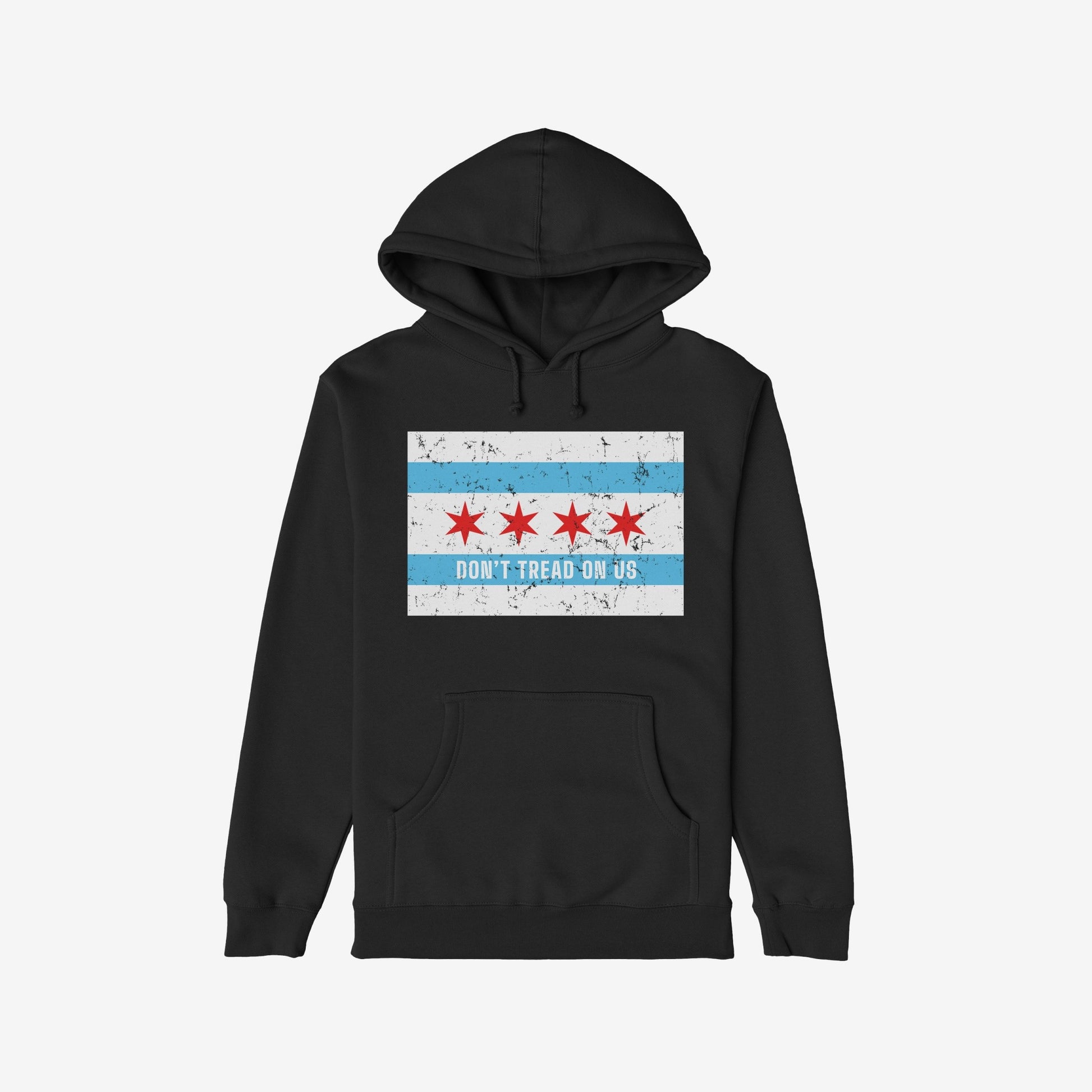 Chicago Gadsden Flag Shirt: Black hoodie with Chicago’s flag and “DON’T TREAD ON US” slogan, symbolizing resistance and community strength. Features a hood and front kangaroo pocket.