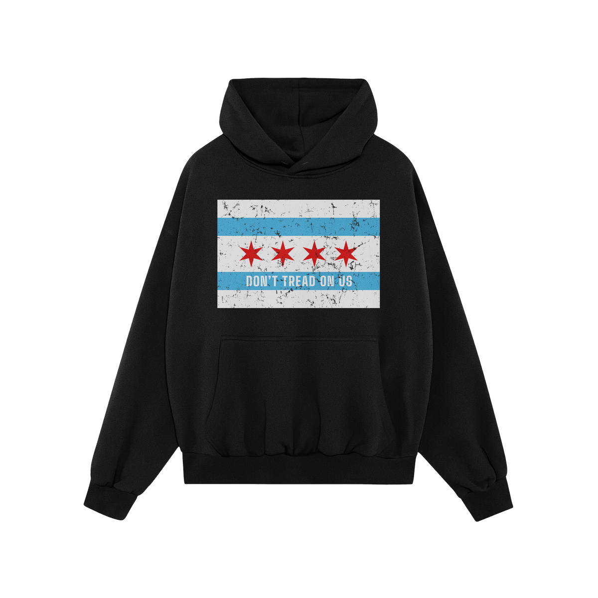Chicago Gadsden Flag Shirt: Black hoodie with Chicago’s flag and “DON’T TREAD ON US” slogan, symbolizing resistance a