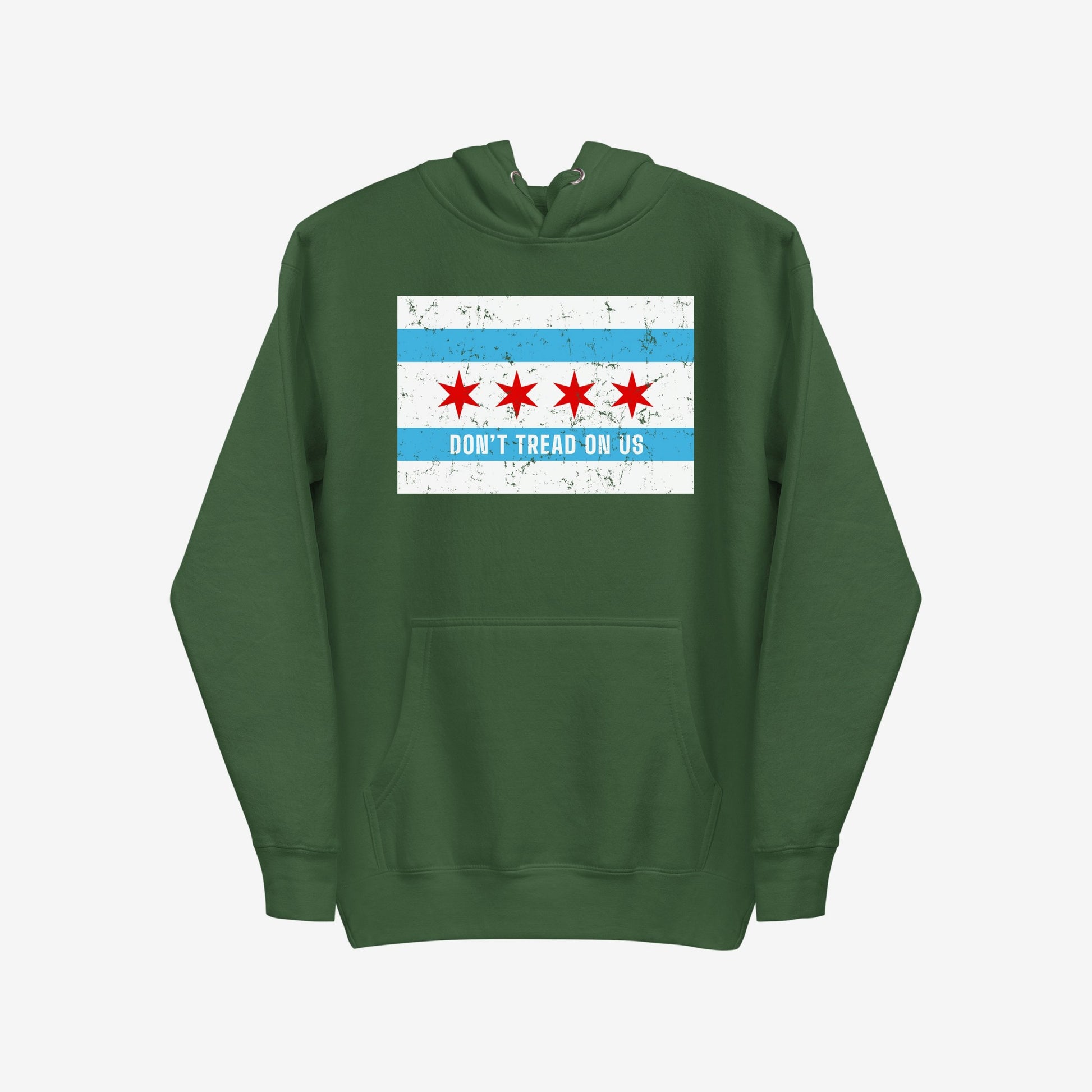 Chicago Gadsden Flag Hoodie & Sweatshirt featuring a Chicago flag-inspired distressed graphic with DON'T TREAD ON US text, symbolizing urban pride and resistance, on a dark-green pullover with kangaroo pocket.