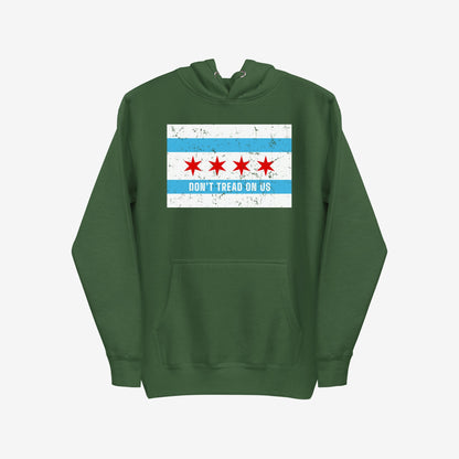 Chicago Gadsden Flag Hoodie & Sweatshirt featuring a Chicago flag-inspired distressed graphic with DON'T TREAD ON US text, symbolizing urban pride and resistance, on a dark-green pullover with kangaroo pocket.