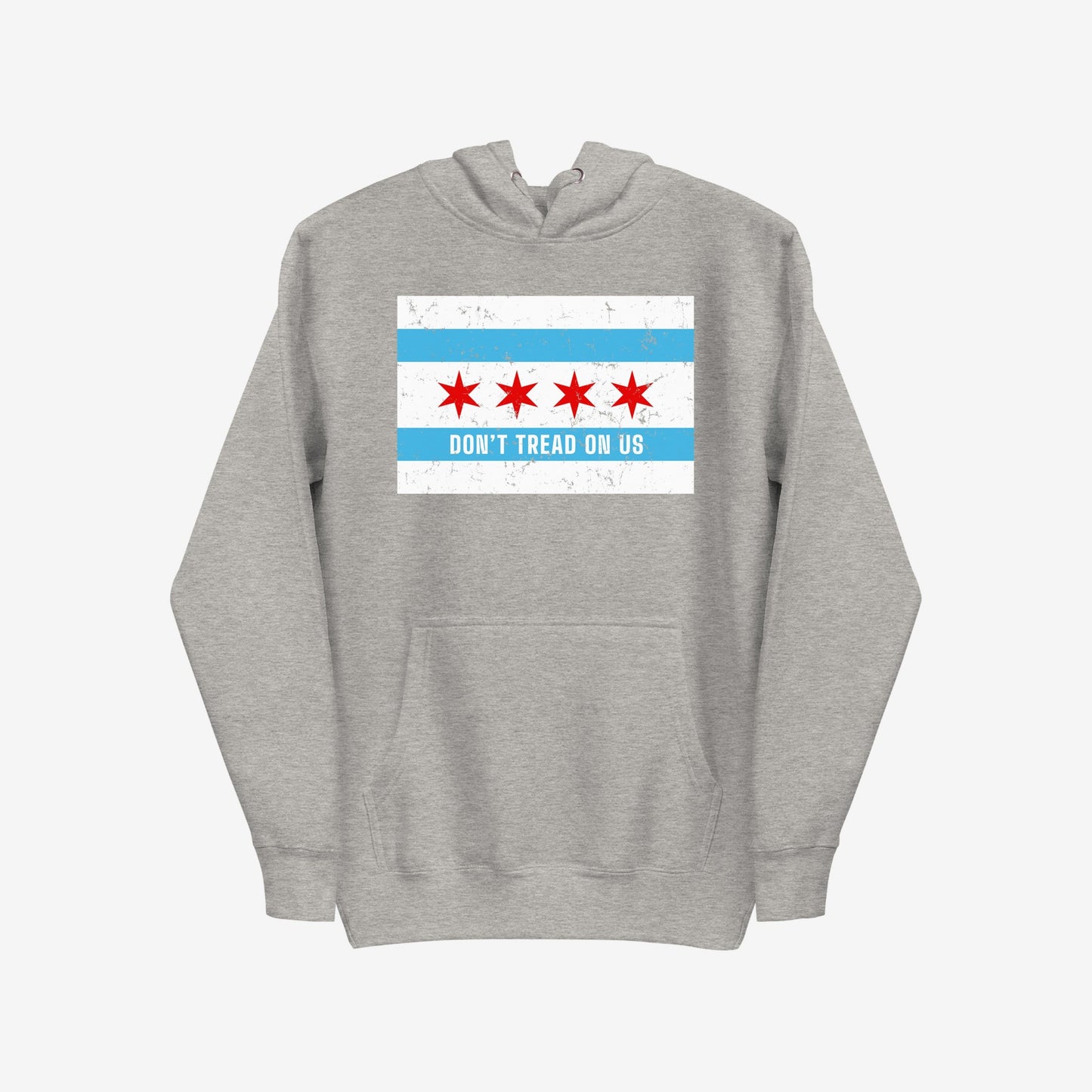Chicago Gadsden Flag Hoodie & Sweatshirt featuring a distressed Chicago flag-inspired graphic with DON’T TREAD ON US slogan, embodies urban resistance and pride, perfect for supporters of equality and anti-oppression.