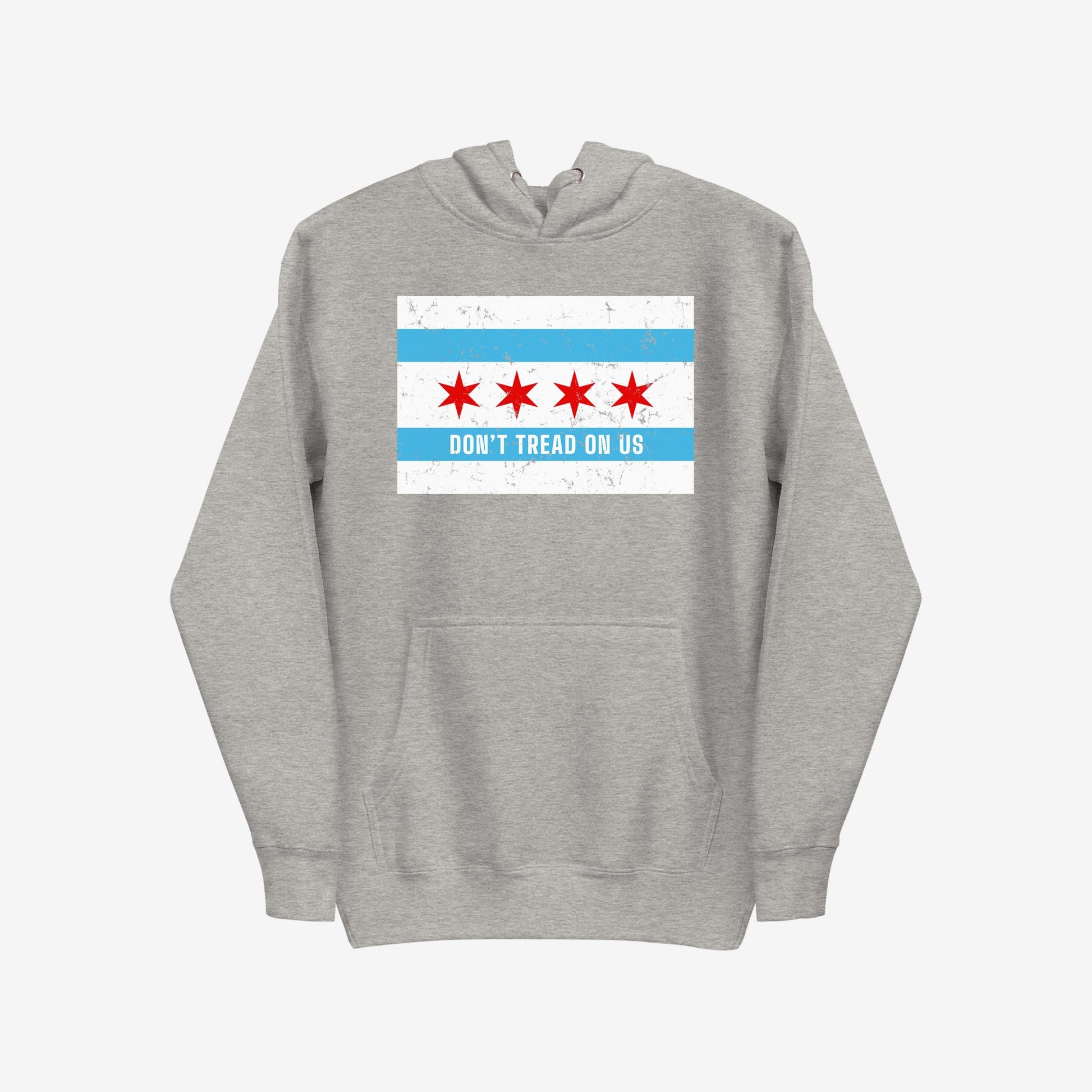 Chicago Gadsden Flag Hoodie & Sweatshirt featuring a distressed Chicago flag-inspired graphic with DON’T TREAD ON US slogan, embodies urban resistance and pride, perfect for supporters of equality and anti-oppression.