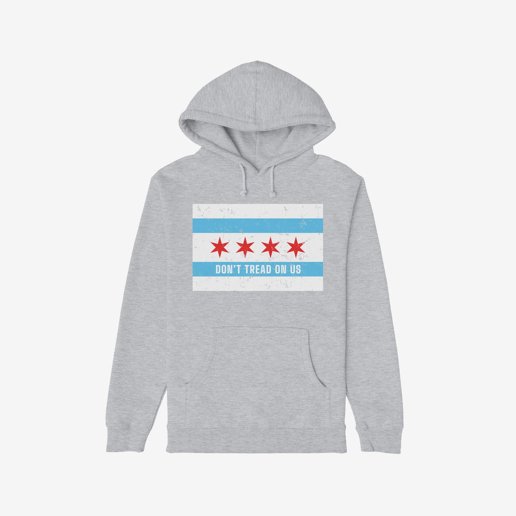 Chicago Gadsden Flag Shirt featuring a light-gray hoodie with Chicago flag stars and DON'T TREAD ON US slogan, symbolizing resistance.