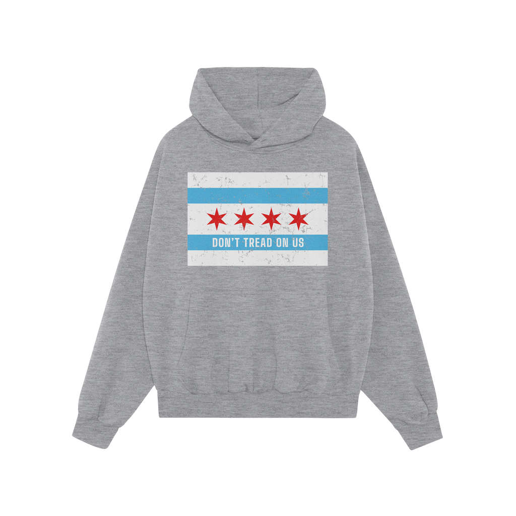 Chicago Gadsden Flag Shirt featuring a light-gray hoodie with Chicago flag stars and DON'T TREAD ON US slogan, symbolizing re