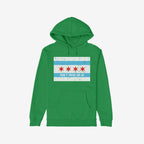 Chicago Gadsden Flag Shirt: Green pullover hoodie featuring a distressed Chicago flag graphic and DON'T TREAD ON US slogan, symbolizing resistance and community strength. Supports Illinois Coalition for Immigrant & Refugee Rights.
