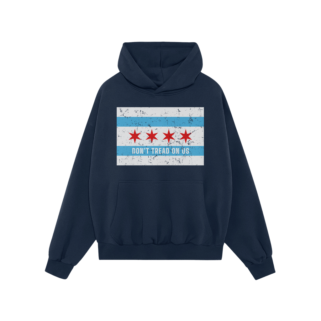 Chicago Gadsden Flag Shirt: Green pullover hoodie featuring a distressed Chicago flag graphic and DON'T TREAD ON US slogan, s