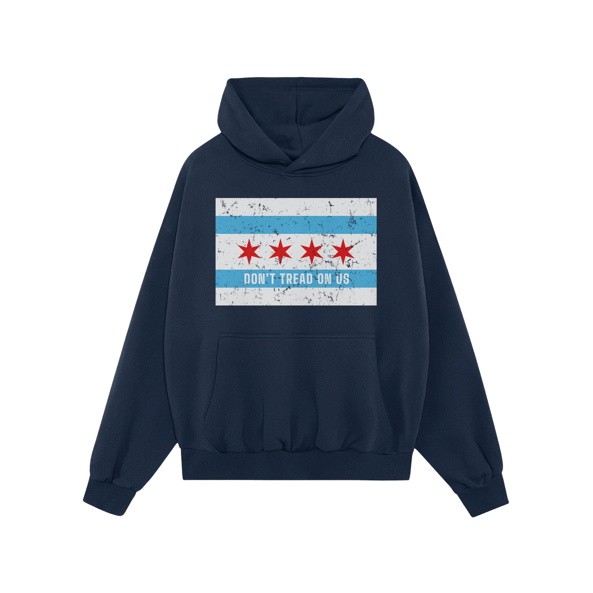 Chicago Gadsden Flag Shirt: Green pullover hoodie featuring a distressed Chicago flag graphic and DON'T TREAD ON US slogan, s