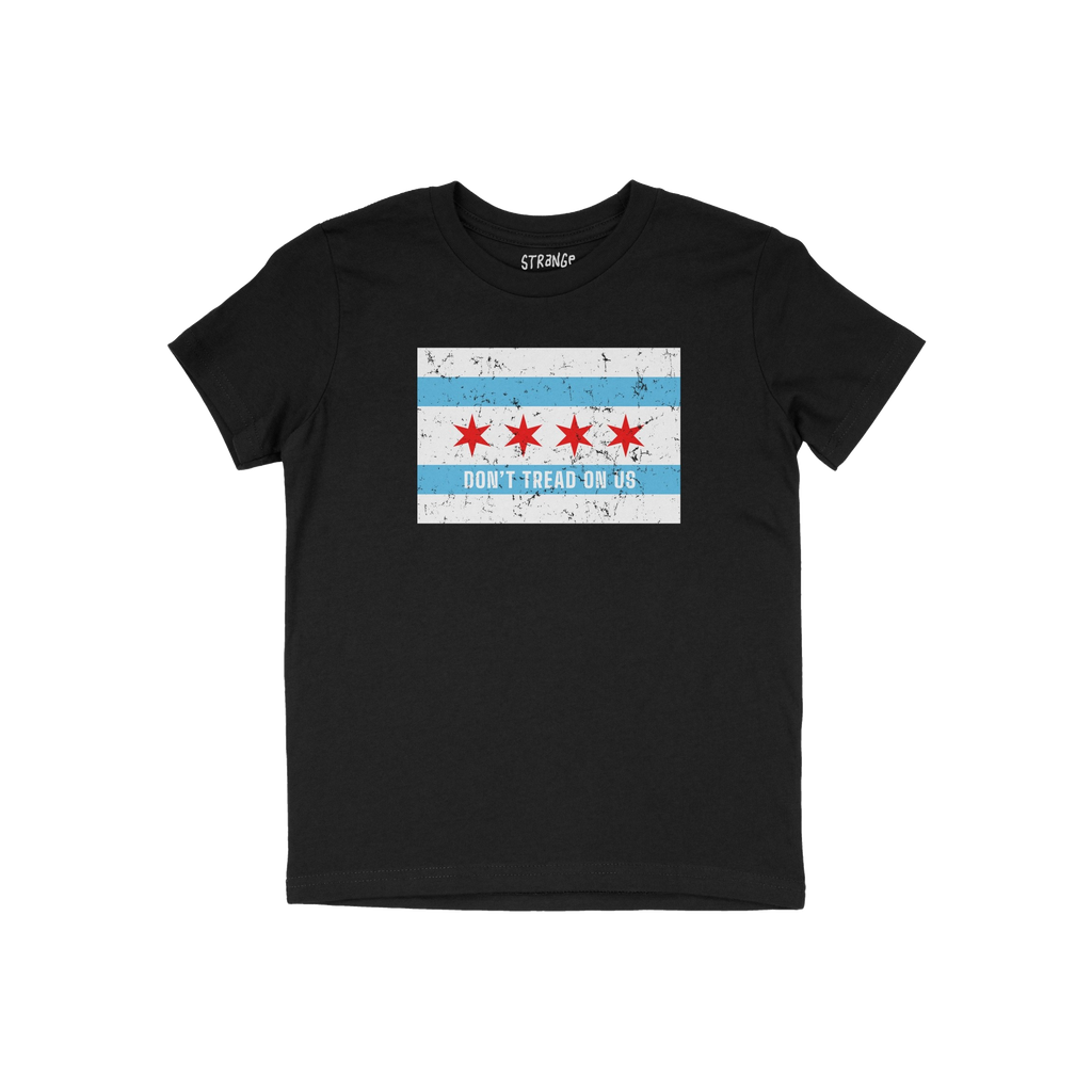 Black T-shirt with a distressed Chicago-flag motif and “DON’T TREAD ON US” slogan beneath, representing the Chicago Gad